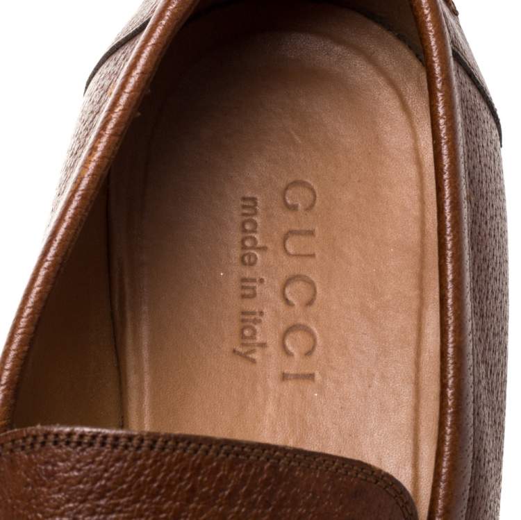 Pre Owned Gucci Brown Leather GG Logo Loafer Size 44
