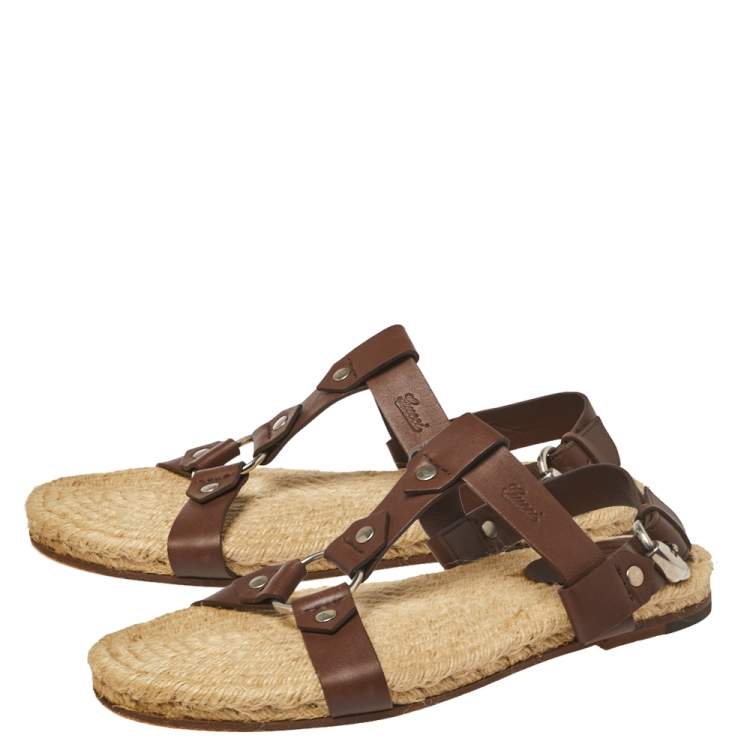 Pre Owned Gucci Brown Leather Espadrille Sandal Size 44