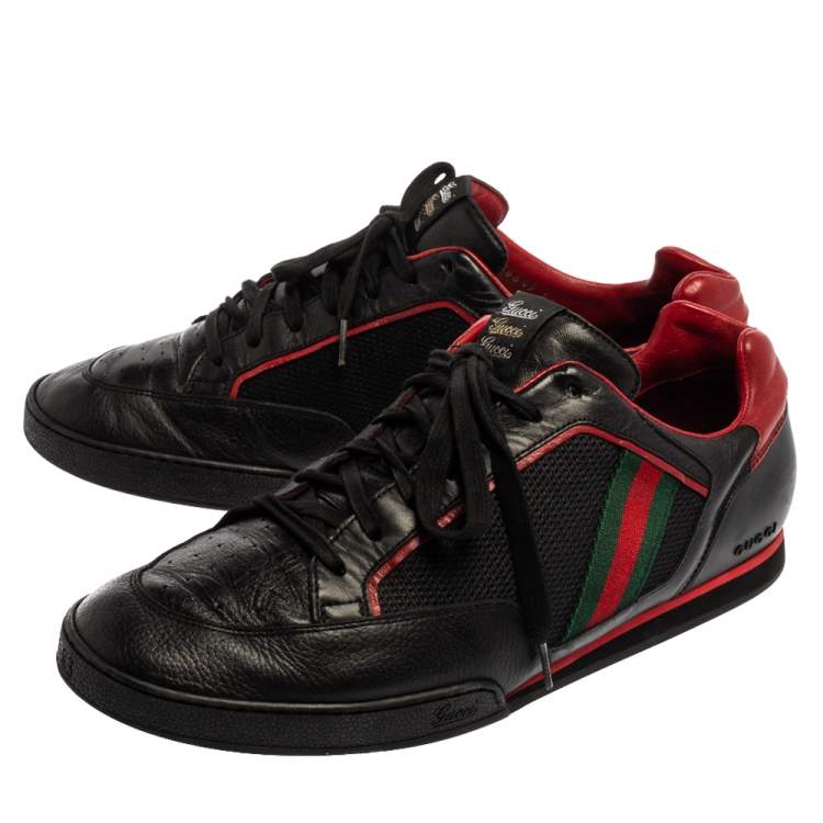 Pre Owned  Gucci Black /Red  Leather And Mesh Vintage Web Tennis Sneakers Size 44.5 