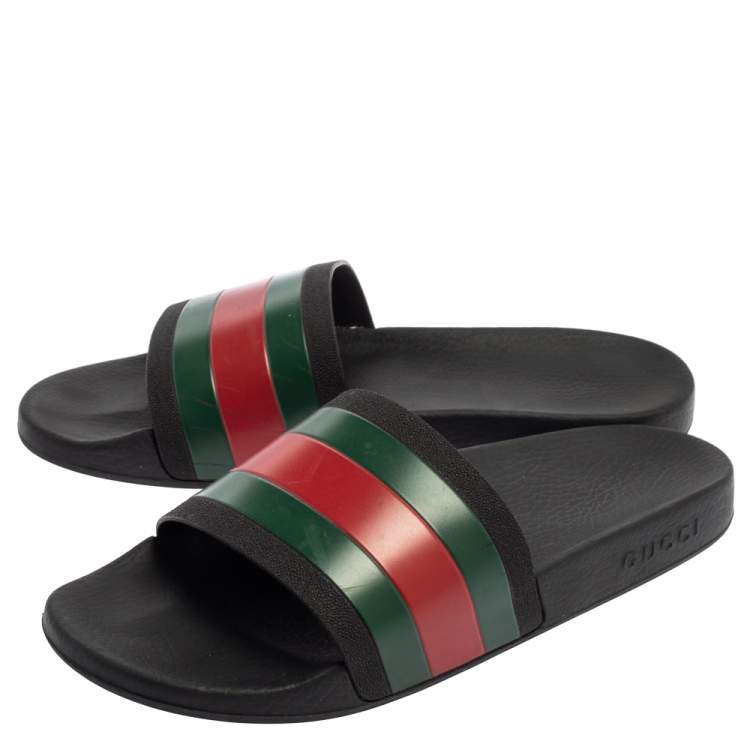 Pre Owned Gucci Black Rubber Web Detail Flat Slides Size 43