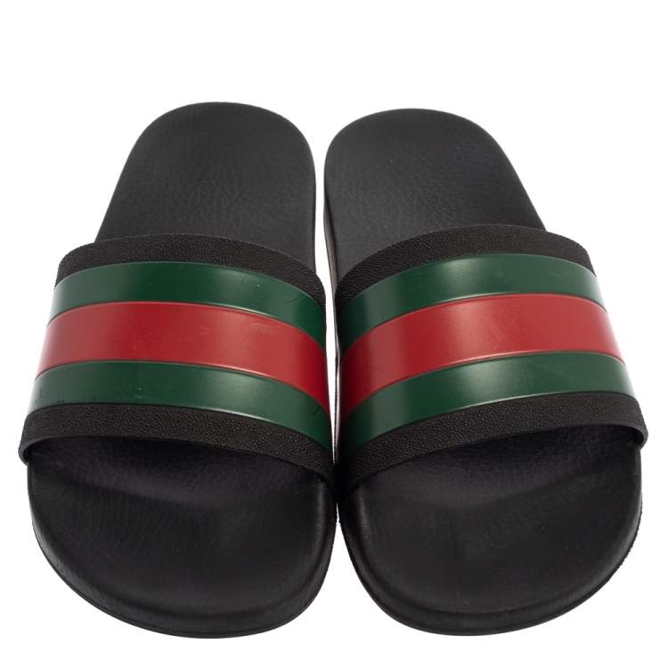Pre Owned Gucci Black Rubber Web Detail Flat Slides Size 43