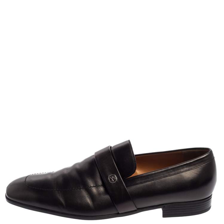 Pre Owned Gucci Black Leather Interlocking G Slip On Loafers Size 44