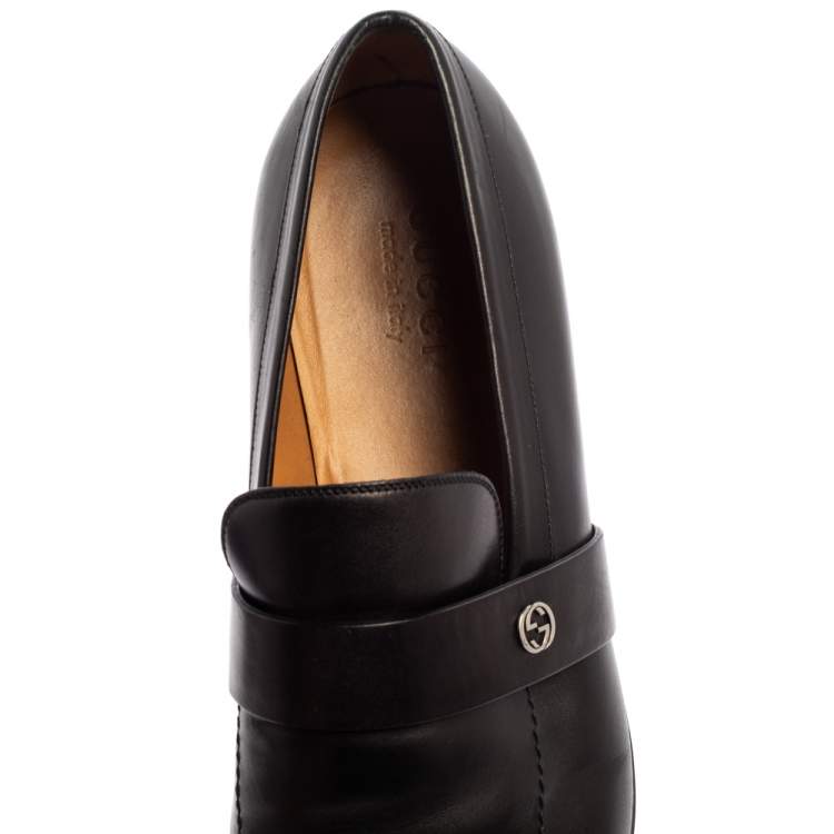 Pre Owned Gucci Black Leather Interlocking G Slip On Loafers Size 44