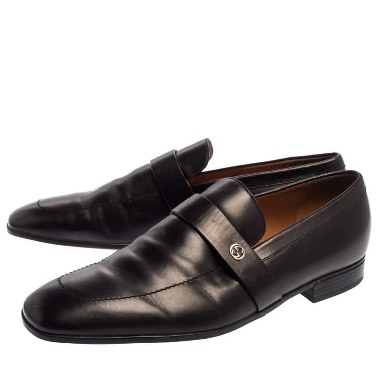 Pre Owned Gucci Black Leather Interlocking G Slip On Loafers Size 44