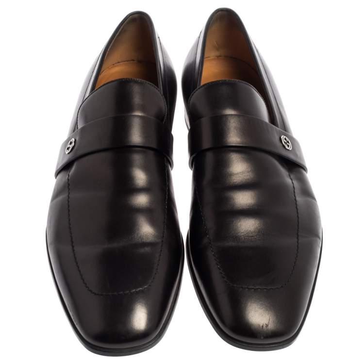 Pre Owned Gucci Black Leather Interlocking G Slip On Loafers Size 44