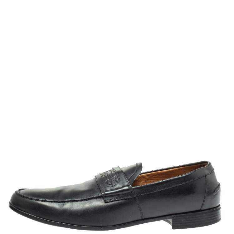 Pre Owned Gucci Black Leather Horsebit Embossed Slip On Loafers Size 43.5