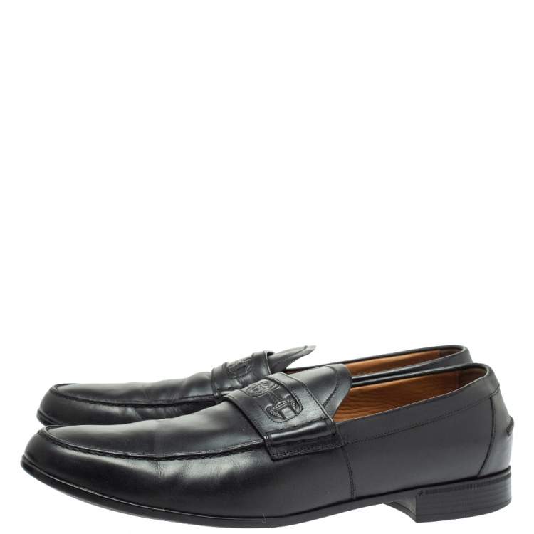Pre Owned Gucci Black Leather Horsebit Embossed Slip On Loafers Size 43.5