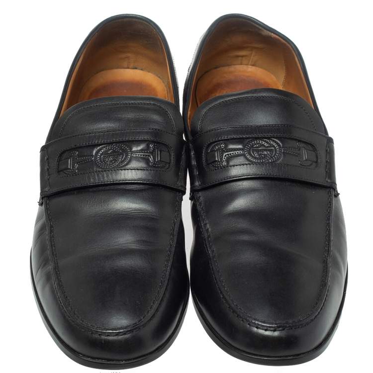 Pre Owned Gucci Black Leather Horsebit Embossed Slip On Loafers Size 43.5