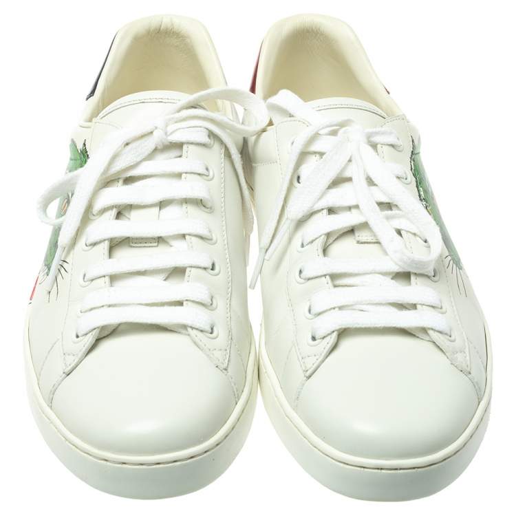 Pre Owned Gucci White Leather Ace Panther Print Low Top Sneakers Size 42.5
