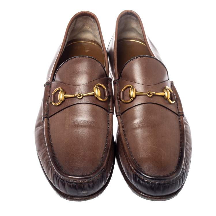 Pre Owned Gucci Brown Leather 1953 Horsebit Loafers Size 44
