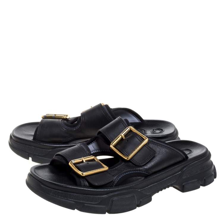 Pre Owned Gucci Black Leather Aguru Buckle Slide Sandals Size 42