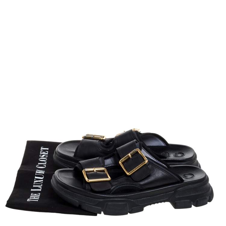 Pre Owned Gucci Black Leather Aguru Buckle Slide Sandals Size 42