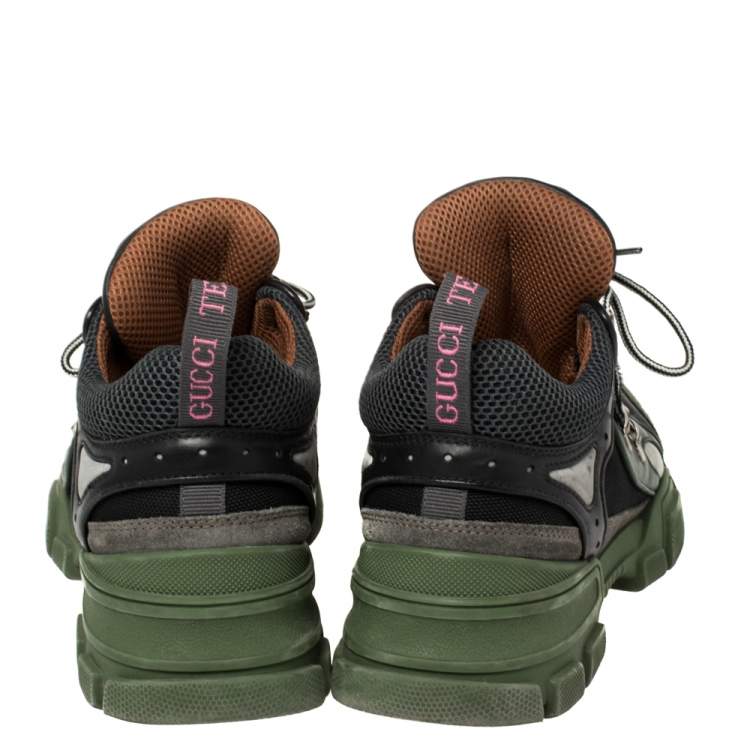 Pre Owned Gucci Green/Black Leather And Mesh Flashtrek Low Top Sneakers Size 42.5