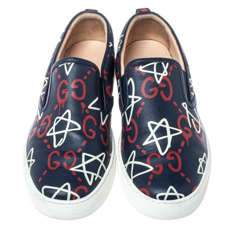 Pre Owned Gucci Navy Blue Leather Gucci Dublin Ghost Slip On Sneakers Size 42.5