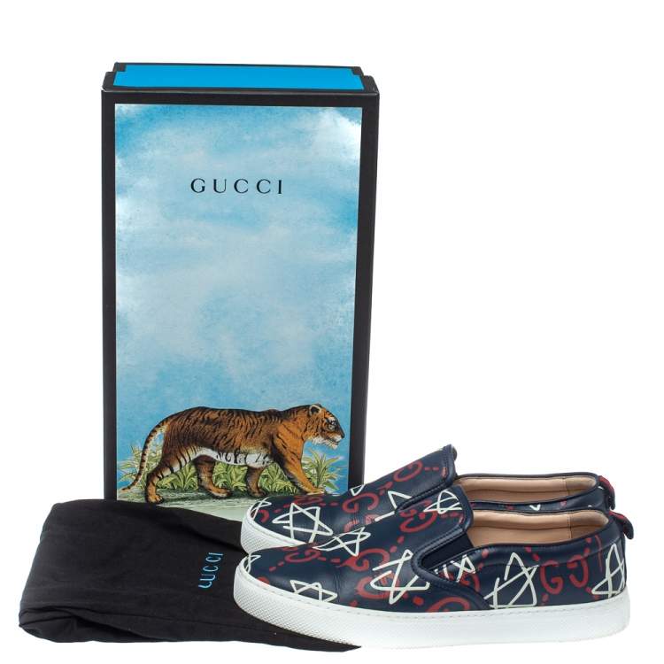 Pre Owned Gucci Navy Blue Leather Gucci Dublin Ghost Slip On Sneakers Size 42.5