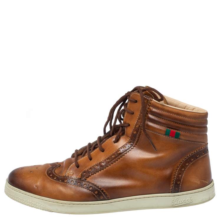Pre Owned Gucci Brown Leather Coda Brogue Hightop Sneakers Size 44.5