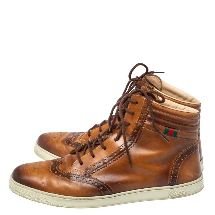 Pre Owned Gucci Brown Leather Coda Brogue Hightop Sneakers Size 44.5
