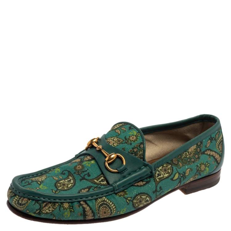 Gucci Green Canvas And Leather Paisley Horsebit Loafers Size 43 Gucci | TLC