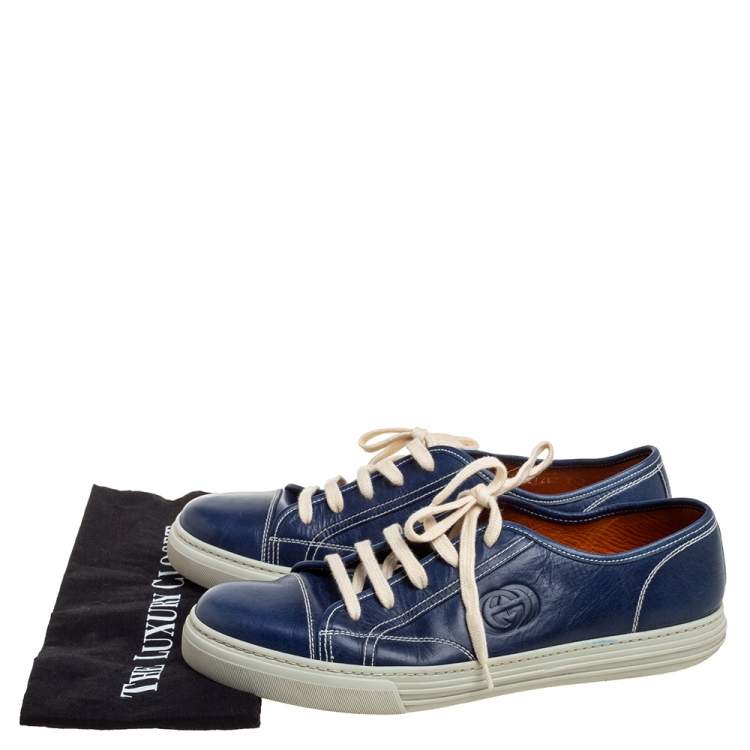 Pre Owned Gucci Navy Blue Leather Lace Up Low Top Sneakers Size 43