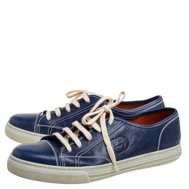 Pre Owned Gucci Navy Blue Leather Lace Up Low Top Sneakers Size 43
