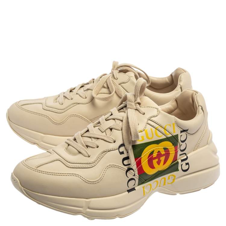 Pre Owned Gucci Off White Leather Rhyton GG Logo Platform Sneakers Size 42