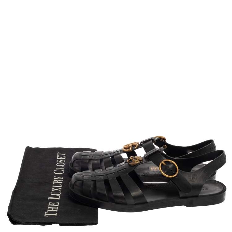 Pre Owned Gucci Black Rubber Marmont And Tiger Embellished Buckle Strap Sandals Size 42