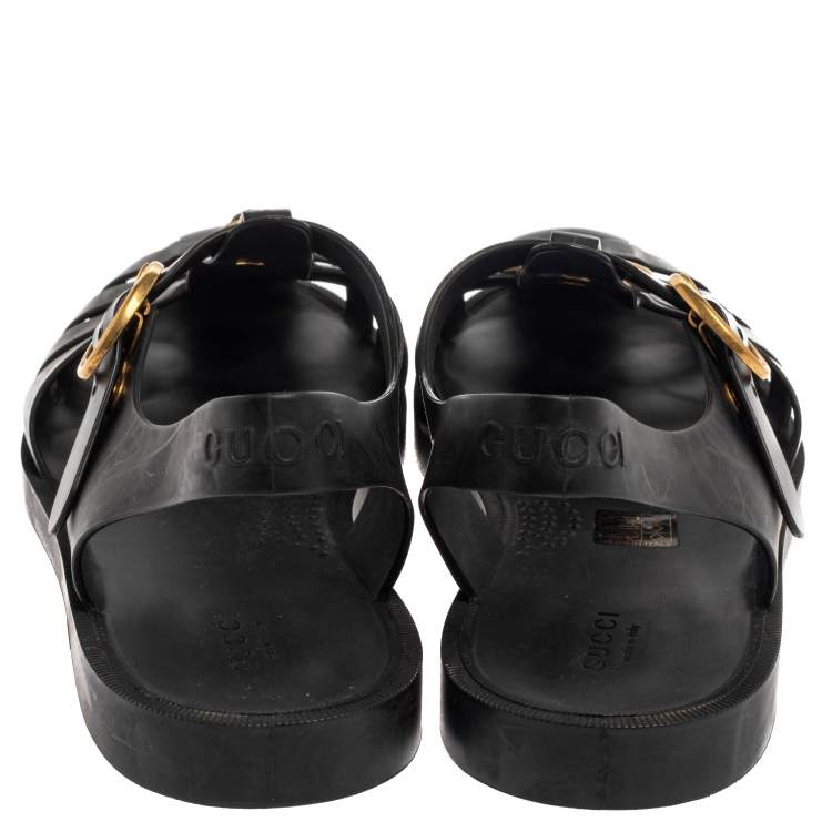 Pre Owned Gucci Black Rubber Marmont And Tiger Embellished Buckle Strap Sandals Size 42