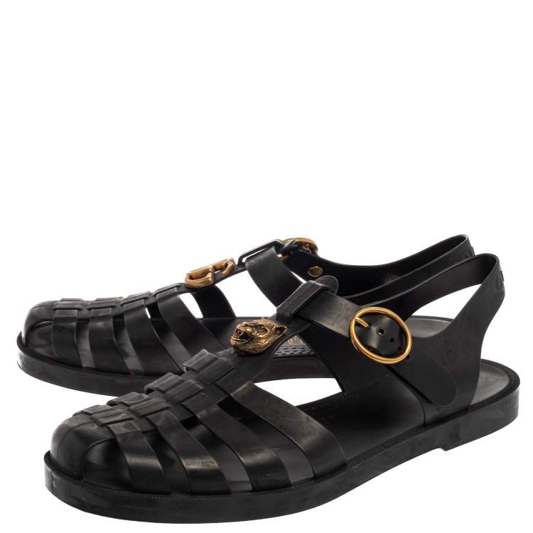 Pre Owned Gucci Black Rubber Marmont And Tiger Embellished Buckle Strap Sandals Size 42