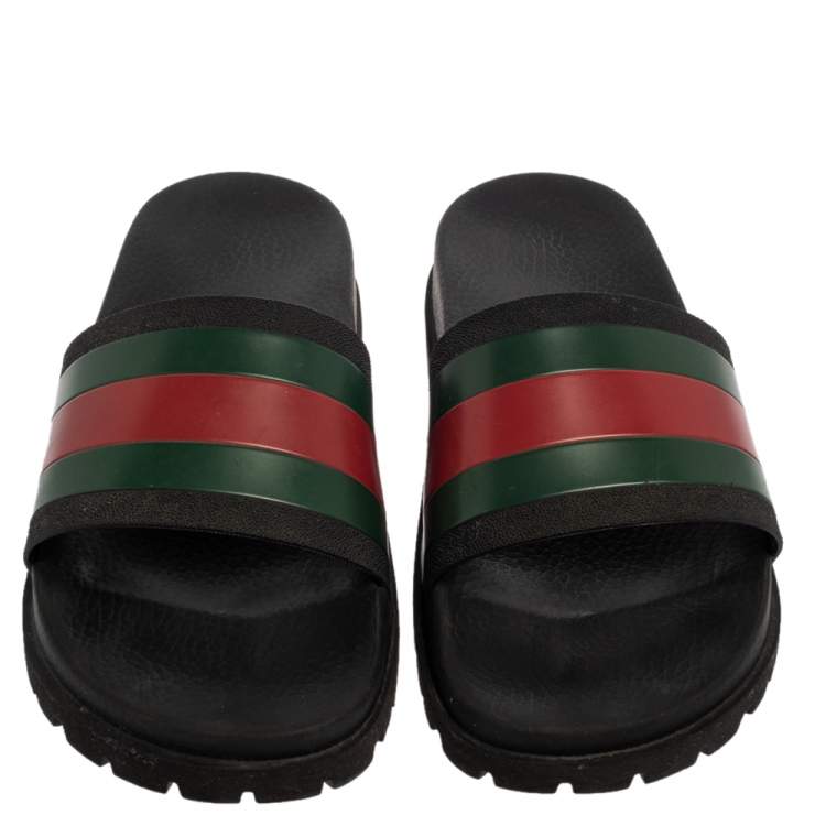 Pre Owned Gucci Black Rubber Web Detail Flat Slides Size 40