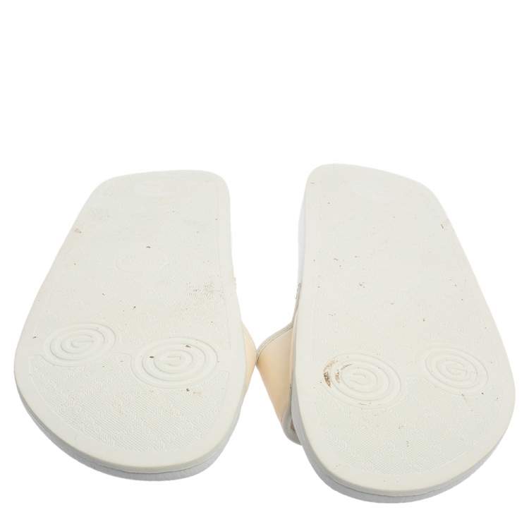 Pre Owned Gucci White Logo Print Canvas Slip On Slides Size 43