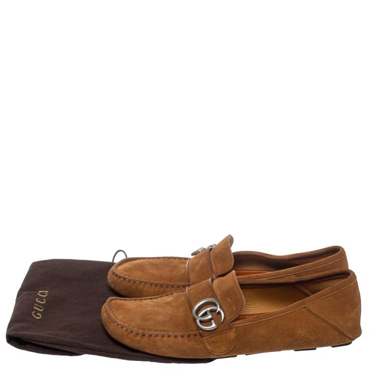 Pre Owned Gucci Brown Suede Leather GG Marmont Slip On Loafers Size 42.5