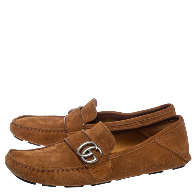 Pre Owned Gucci Brown Suede Leather GG Marmont Slip On Loafers Size 42.5