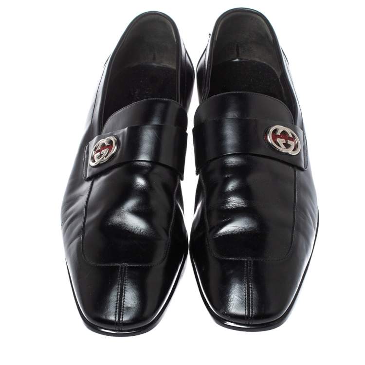 Pre Owned Gucci Black Glossy Leather GG Loafers Size 44