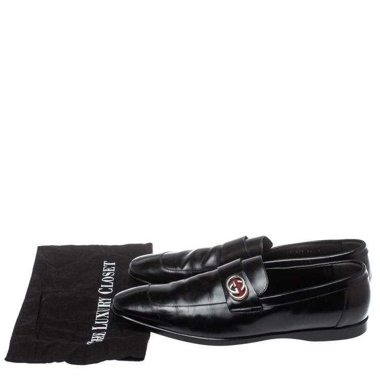Pre Owned Gucci Black Glossy Leather GG Loafers Size 44