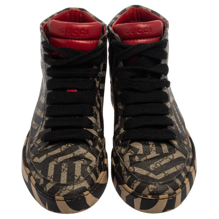 Pre Owned Gucci Beige and Brown Monogram Canvas Caleido High Top Sneakers Size 39 