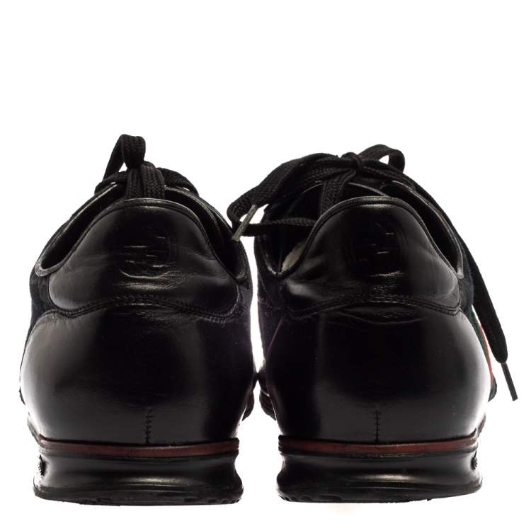 Pre Owned Gucci Black Leather And Canvas Web Detail Lace Up Sneakers Size 43.5