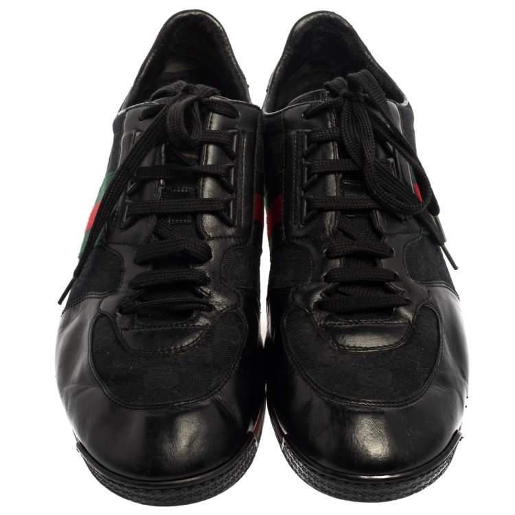 Pre Owned Gucci Black Leather And Canvas Web Detail Lace Up Sneakers Size 43.5