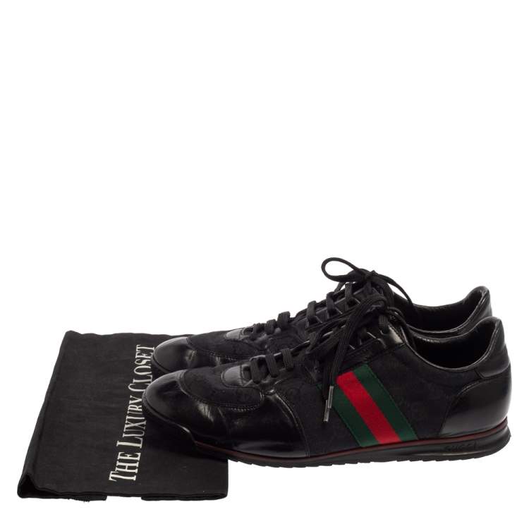 Pre Owned Gucci Black Leather And Canvas Web Detail Lace Up Sneakers Size 43.5