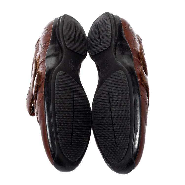Pre Owned Gucci Brown Monogram Leather Velcro Sneakers Size 39.5