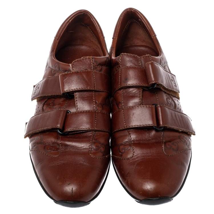Pre Owned Gucci Brown Monogram Leather Velcro Sneakers Size 39.5
