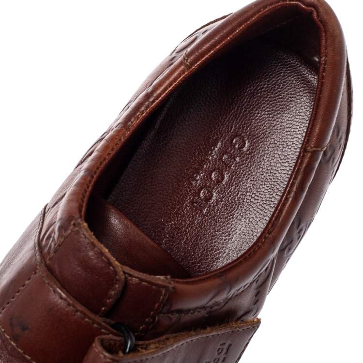 Pre Owned Gucci Brown Monogram Leather Velcro Sneakers Size 39.5