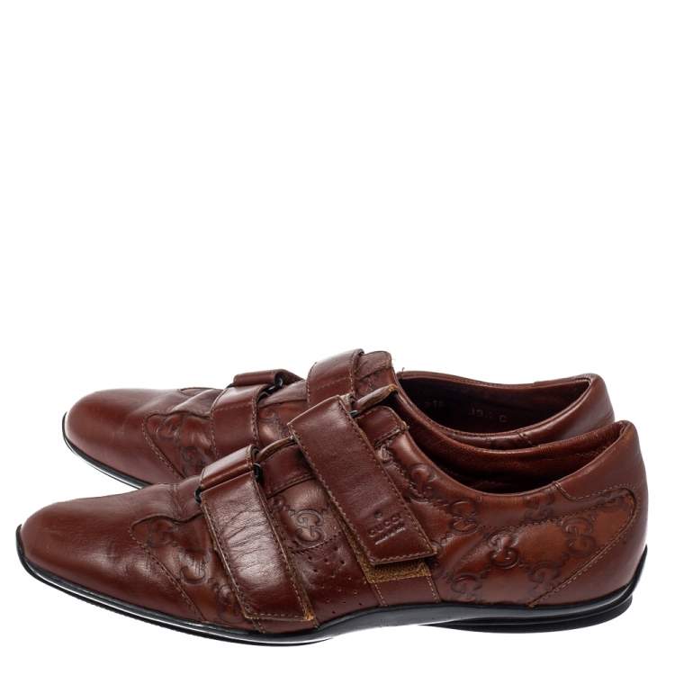 Pre Owned Gucci Brown Monogram Leather Velcro Sneakers Size 39.5