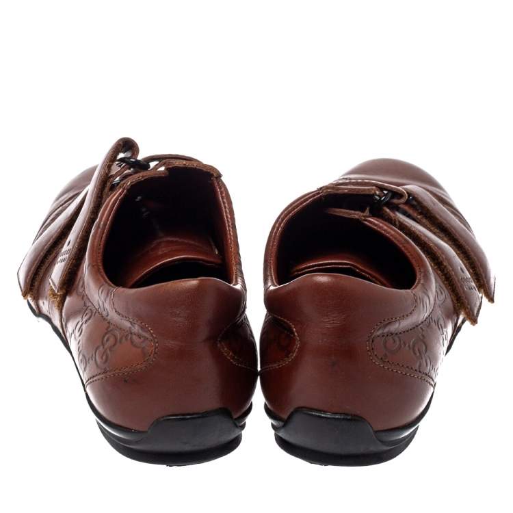 Pre Owned Gucci Brown Monogram Leather Velcro Sneakers Size 39.5