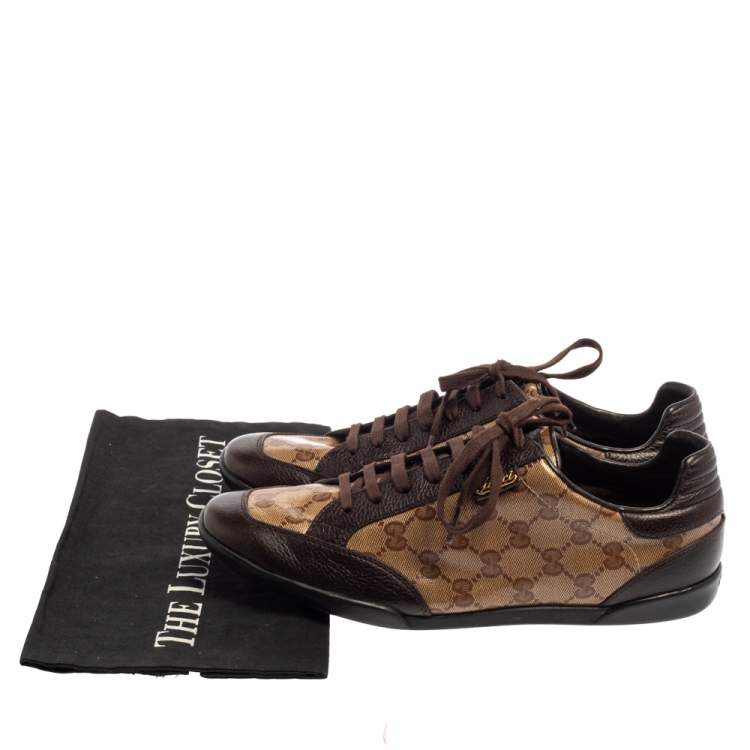 Pre Owned Gucci Brown/Beige GG Crystal Canvas And Leather Low Top Sneakers Size 40