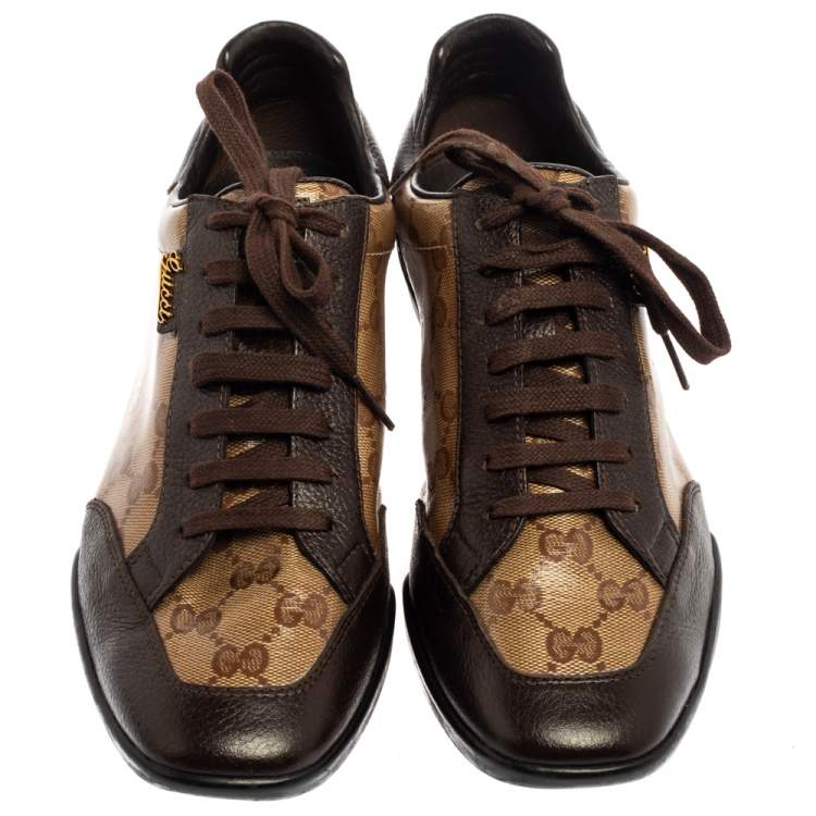 Pre Owned Gucci Brown/Beige GG Crystal Canvas And Leather Low Top Sneakers Size 40