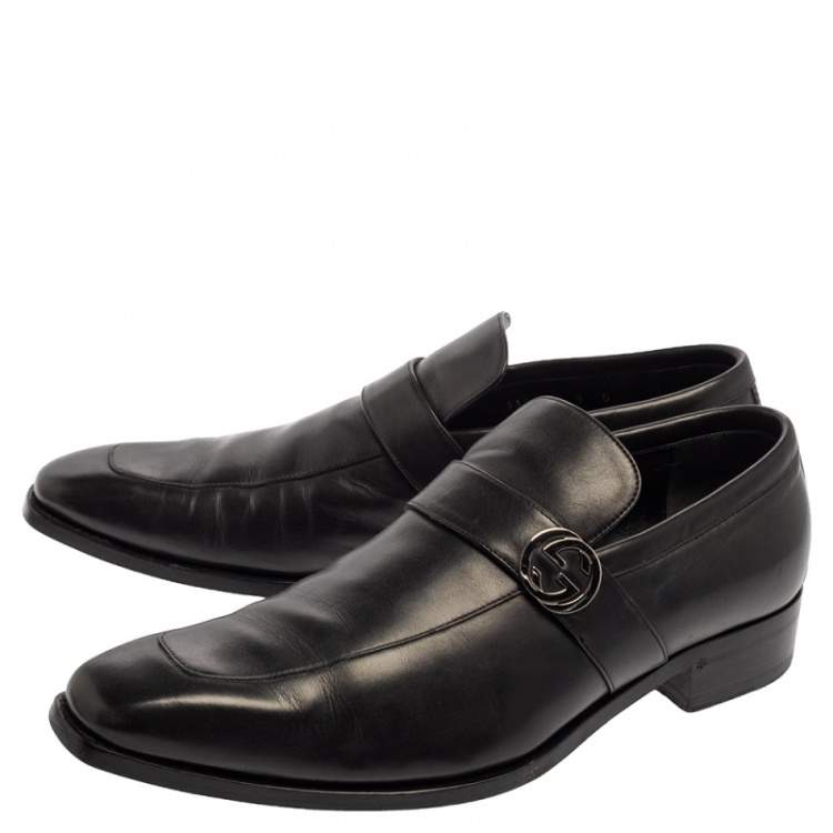 Pre Owned Gucci Black Leather GG Slip On Loafers Size 43