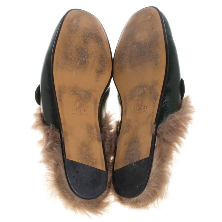 Pre Owned Gucci Green Leather And Fur Lined Princetown GG Web Mules Size 45