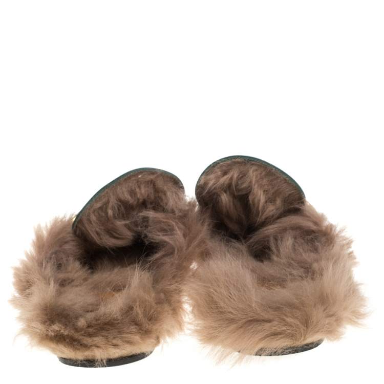 Pre Owned Gucci Green Leather And Fur Lined Princetown GG Web Mules Size 45