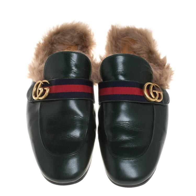 Pre Owned Gucci Green Leather And Fur Lined Princetown GG Web Mules Size 45