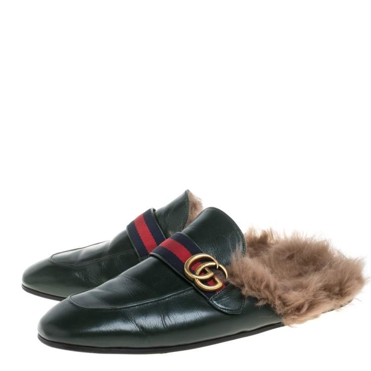 Pre Owned Gucci Green Leather And Fur Lined Princetown GG Web Mules Size 45